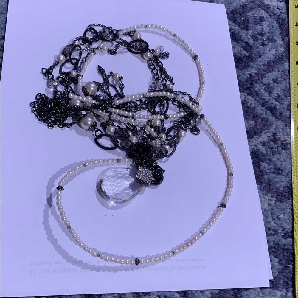Chico’s black metallic w faux pearls acrylic beads and crystals 36” necklace